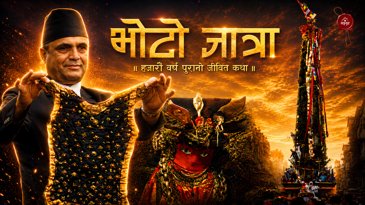 Bhoto Jatra celebration in Jawalakhel with the sacred jeweled vest displayed during the Rato Machhindranath festival in Nepal.