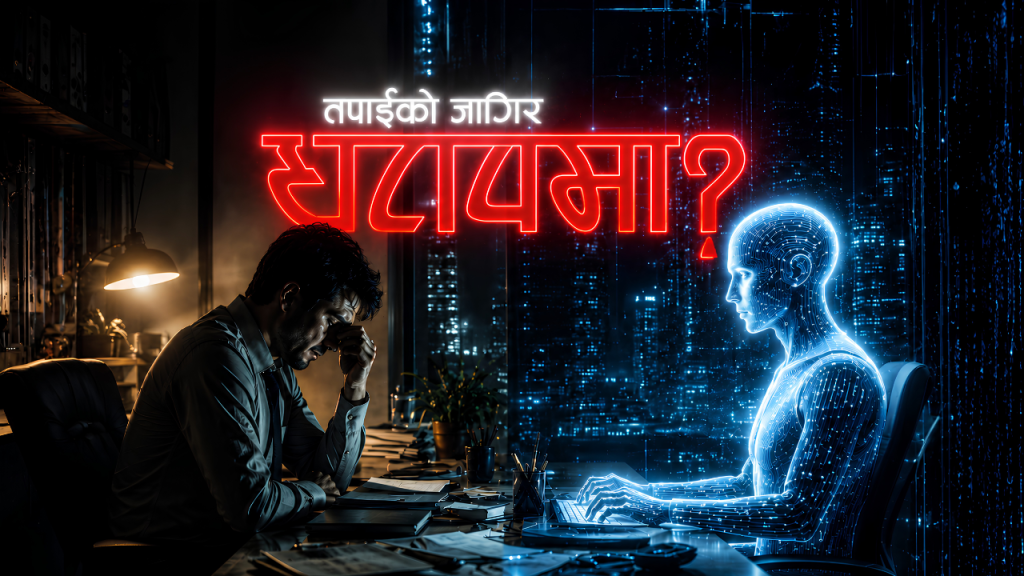 A Nepali office worker sitting beside a glowing AI robot at a computer desk