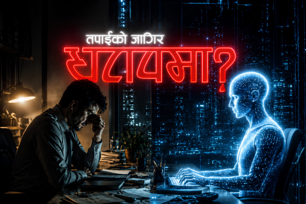 A Nepali office worker sitting beside a glowing AI robot at a computer desk